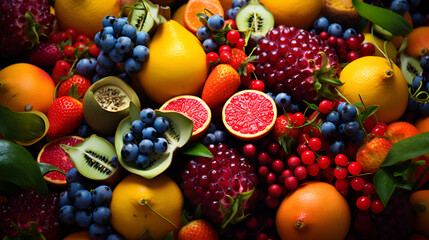 Naklejka na ściany i meble An overhead view of a variety of ripe, whole fruits waiting to be transformed into a refreshing medley., Colorful background, drawing of an assortment of fruits and berries.