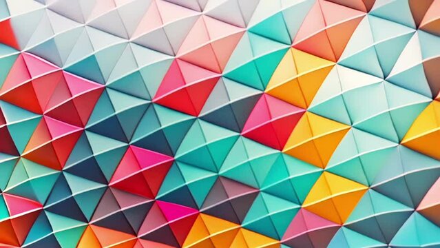 Abstract mosaic footage of vibrant polygonal geometric pattern composed of triangular shapes in shades of red, blue, and orange, creating a striking mosaic of color and depth