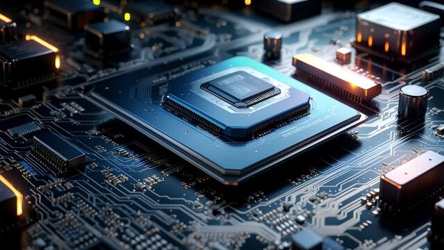 electronic circuit board processor chip zoom in