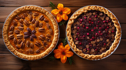 Pumpkin and pecan pies top view