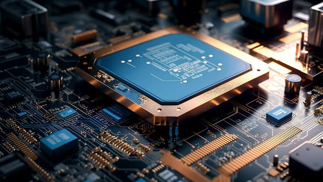 Electronic circuit board processor chip zoom in