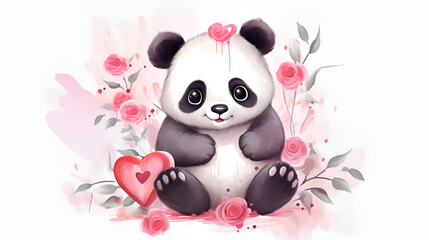 panda and flower illustration, cow, heart, child, cute, vector, fun, character, art, baby, object, wildlife, childhood, 