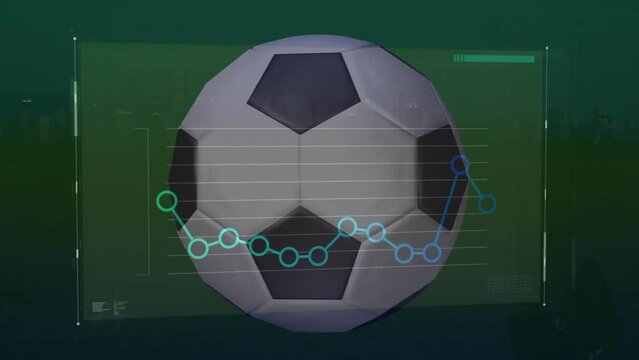Animation of circular graph over soccer ball rotating on abstract background