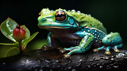 Obraz premium Green Frog on a Leaf with a dark Background