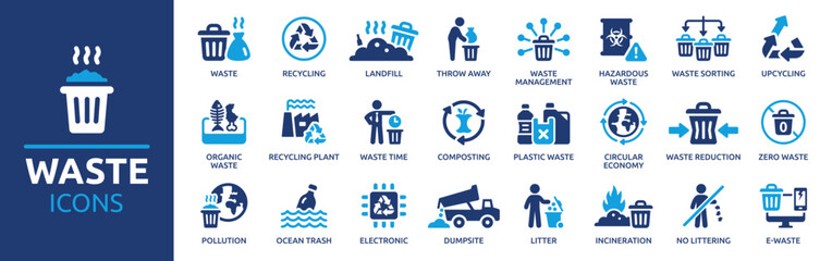 Waste icon set. Containing recycling, litter, trash, pollution, landfill, waste management, composting, waste sorting and more. Solid vector icons collection. - obrazy, fototapety, plakaty