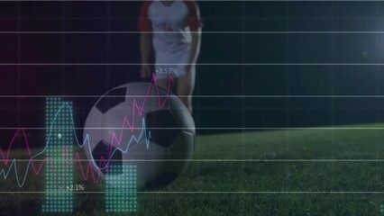 Animation of multiple graphs and numbers over low section of caucasian player kicking soccer ball - Powered by Adobe