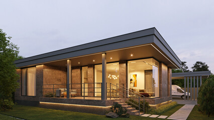 3D visualization of a modern house with a garage and carport. Beautiful architecture. Flat roof house