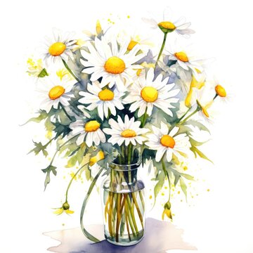 Bouquet of watercolor daisy flowers. Many chamomiles with leaves