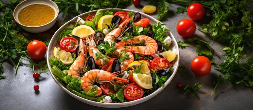 Mediterranean seafood salad with shrimp, mussels, citrus fruits, greens.