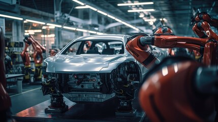 Robotic Arms In A Car Plant. Factory. Generative AI
