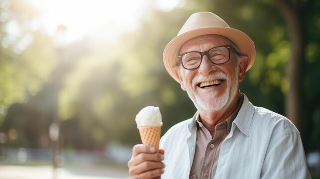 A Happy and Smiling Senior Man with Positive Emotion Having an Ice Cream on a Hot Summer Day. Summer Vacation in the City. Concept of Happy Pensioners. Generative AI.