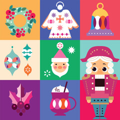 Merry Christmas and Happy New Year 2024 holiday template design banner, poster, card, cover Gifts, Santa, ball toy, christmas tree, snowflake Modern Xmas flat cartoon cute vector illustration 