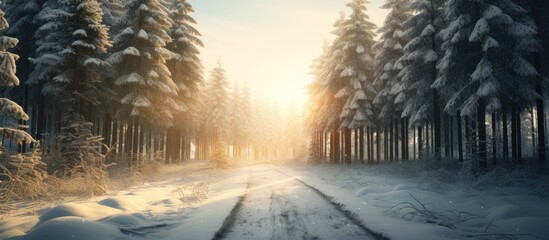Pine trees line a snowy road with sunlight streaming through. - Powered by Adobe