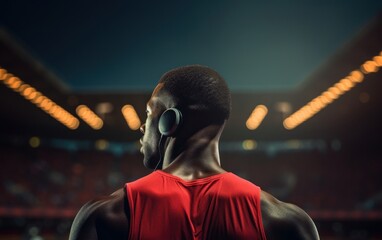African American man in headphones jogging at the stadium with his back in the frame. AI