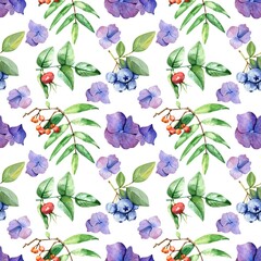 Watercolor seamless pattern with hydrangea flowers, rowan, rose hip, blueberry .