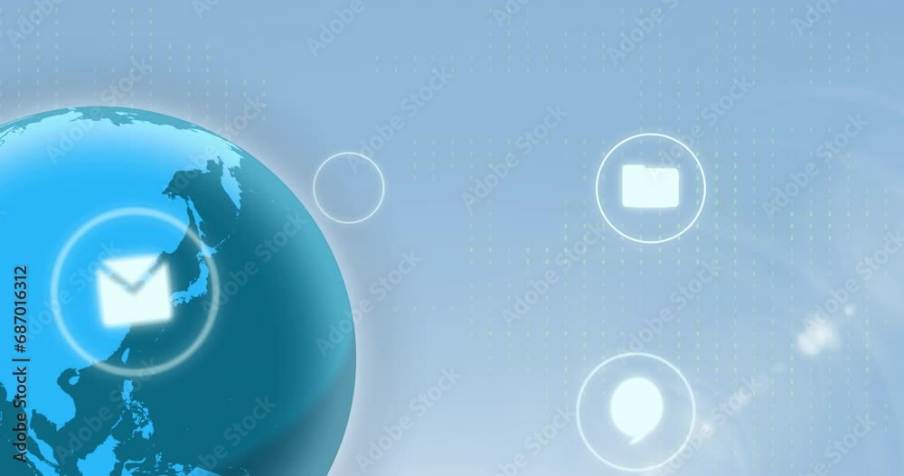 Poster animation of globe rotating with various mobile application icons on blue background