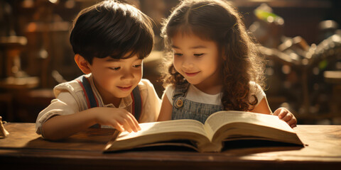 Asian Boy and Girl Immersed in a Book at the Library - Cultivating a Shared Love for Reading.