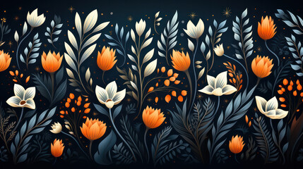 Blue and Orange Pattern Design Background - A Captivating Fusion of Colors in Elegant Blooms.
