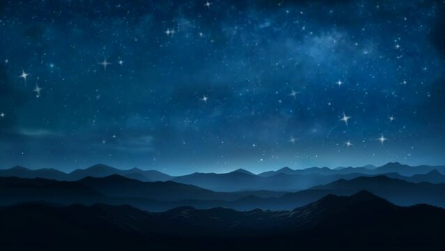 Stars moving across the night sky with silhouetted mountains. seamless looping virtual time lapse video animation background. Generated with AI