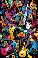 Obraz na płótnie Canvas Large Pop Art Vector Design Featuring Diverse Portraits, Musical Instruments, and Eclectic Random Objects