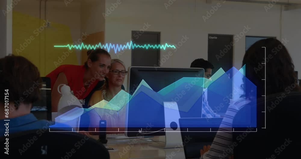 Poster animation of graphs and soundwaves over caucasian colleagues using computer and giving high-five