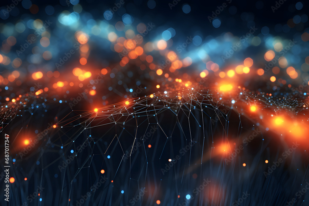 Poster data background of wires and glowing particles. generative ai.