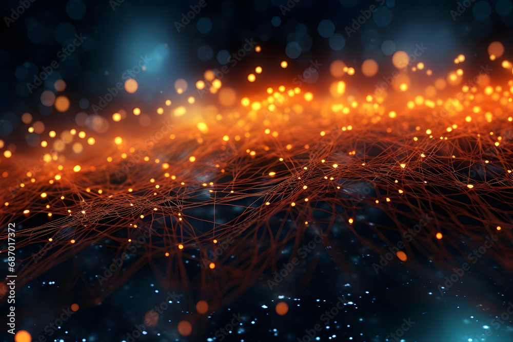 Poster data background of wires and glowing particles. generative ai.