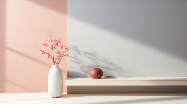 Minimal interior design of a stylish pastel room. Blank pink and blue wall with white shelf,  white ceramic vase with flowers, pink vase. Sunlight cast on wall. Empty wall mock up background. 