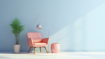 Minimal interior design of a stylish pastel blue room. Blue wall, pink armchair with pillows, blue lamp, ceramic pink and white flower pot with plants. Empty wall mock up background. 
