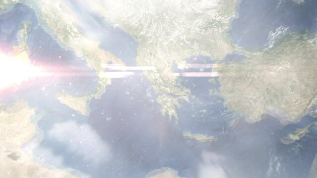 Zoom in from space and focus on Agrinio, Greece. 3D Animation. Background for travel intro. Elements of this image furnished by NASA