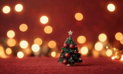 Winter holiday theme with red Christmas tree and sparkle bokeh lights background. Ai generated