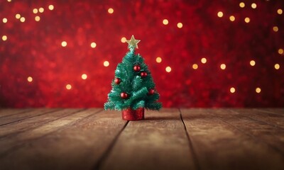 Obraz premium Winter holiday theme with red Christmas tree and sparkle bokeh lights background. Ai generated