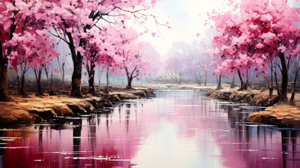 Beautiful spring landscape with pink Sakura blossoms.