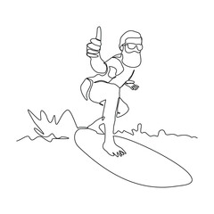 Continuous single line sketch drawing of professional surfing athlete man ride surfboard on big wave. One line art of extreme sport surfer on beach summer vector illustration