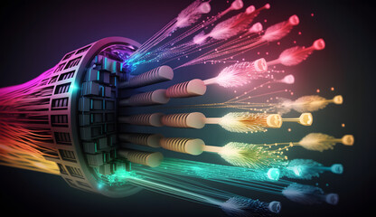 Fiber optic network, speed data connection cable technology background, 3d illustration. Generative Ai.