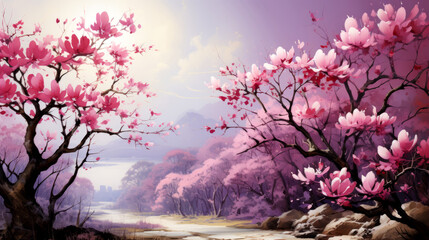 Beautiful spring landscape with blooming trees and lakes.