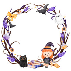 Halloween Wreath Witch and Cat Watercolor Illustration Clipart