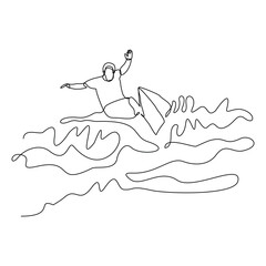 Continuous single line sketch drawing of professional surfing athlete man ride surfboard on big wave. One line art of extreme sport surfer on beach summer vector illustration