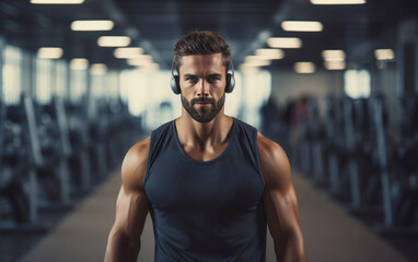 Fototapeta na wymiar Athletic man in blue tank top wearing headphones at the gym. AI