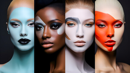 Quatre visages de femme avec maquillage artistique - obrazy, fototapety, plakaty