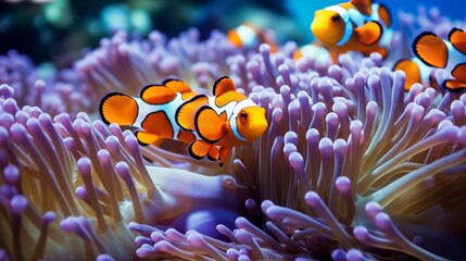 Vibrant Clownfish concealed within their host anemone on a tropical reef