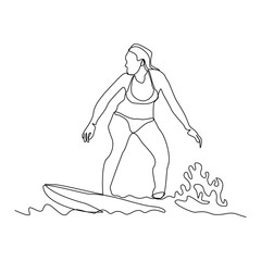 Continuous single line sketch drawing of professional surfing athlete woman ride surfboard on big wave. One line art of extreme sport surfer on beach summer vector illustration