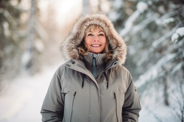 Portrait of a beautiful mature woman in the winter forest. Outdoor portrait.