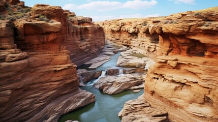 viewpoint of the canyon's waterfall. beautiful eroded rock formations. A view of the canyon's river. a natural waterfall landscape. Gorgeous scenery in the Red Valley. photography of landscapes