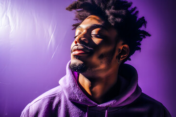 Portrait d'un jeune homme noir souriant sur fond violet