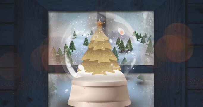Animation of shooting stars spinning over christmas tree in a snowglobe against window