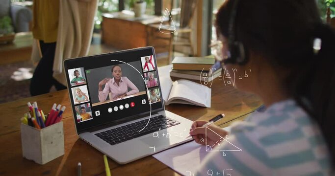Animation of mathematical equations over asian girl having a video conference on laptop at home