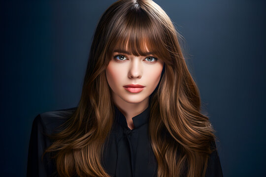 Portrait de femme brune avec de longs cheveux lisses et une frange