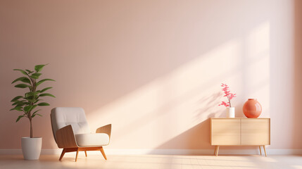 Minimal interior design of a stylish pastel room. Pink wall, white armchair with wood, wood credenza, pink ceramic vase, flowers, plants. Sunlight. Interior Design. Empty wall mock up background. 