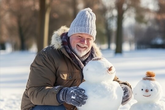 Senior man making a snowman in a park on a sunny winter day